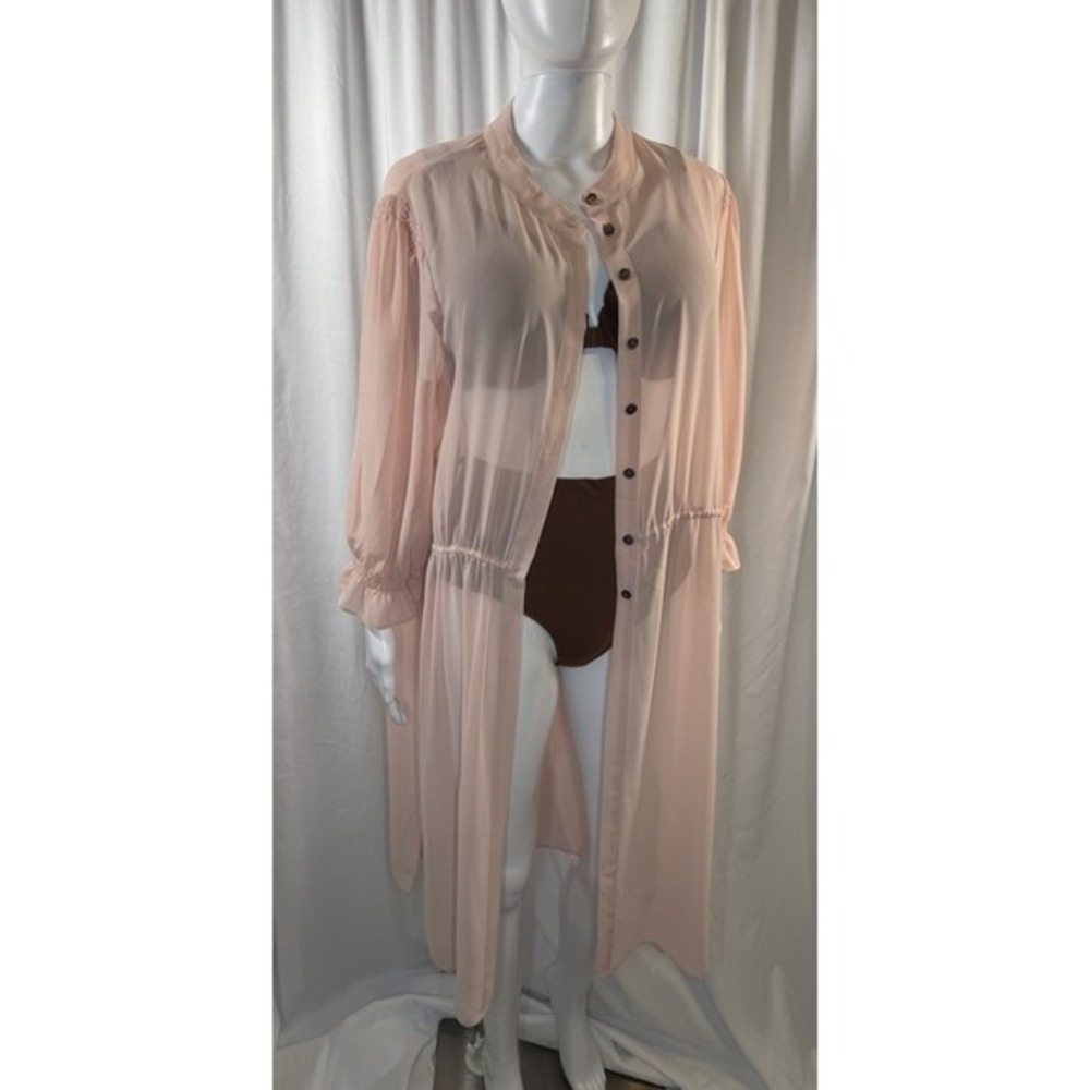 Vince Camuto Blush Pink Sheer Button Front Maxi Duster Cardigan Coverup L 83-12 - Picture 13 of 16
